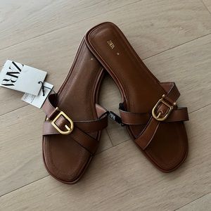 Zara Leather Cross Flat Sandals With Gold Buckle NWT
